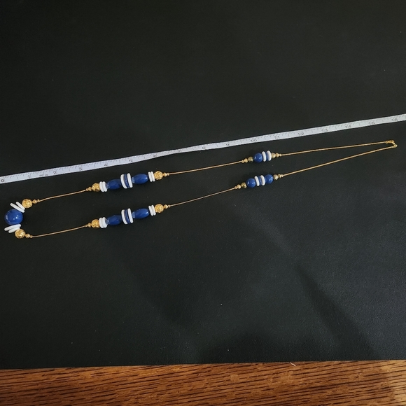 Vintage Style Long Beaded Necklace in Blue White Gold Made in Korea - Picture 4 of 8